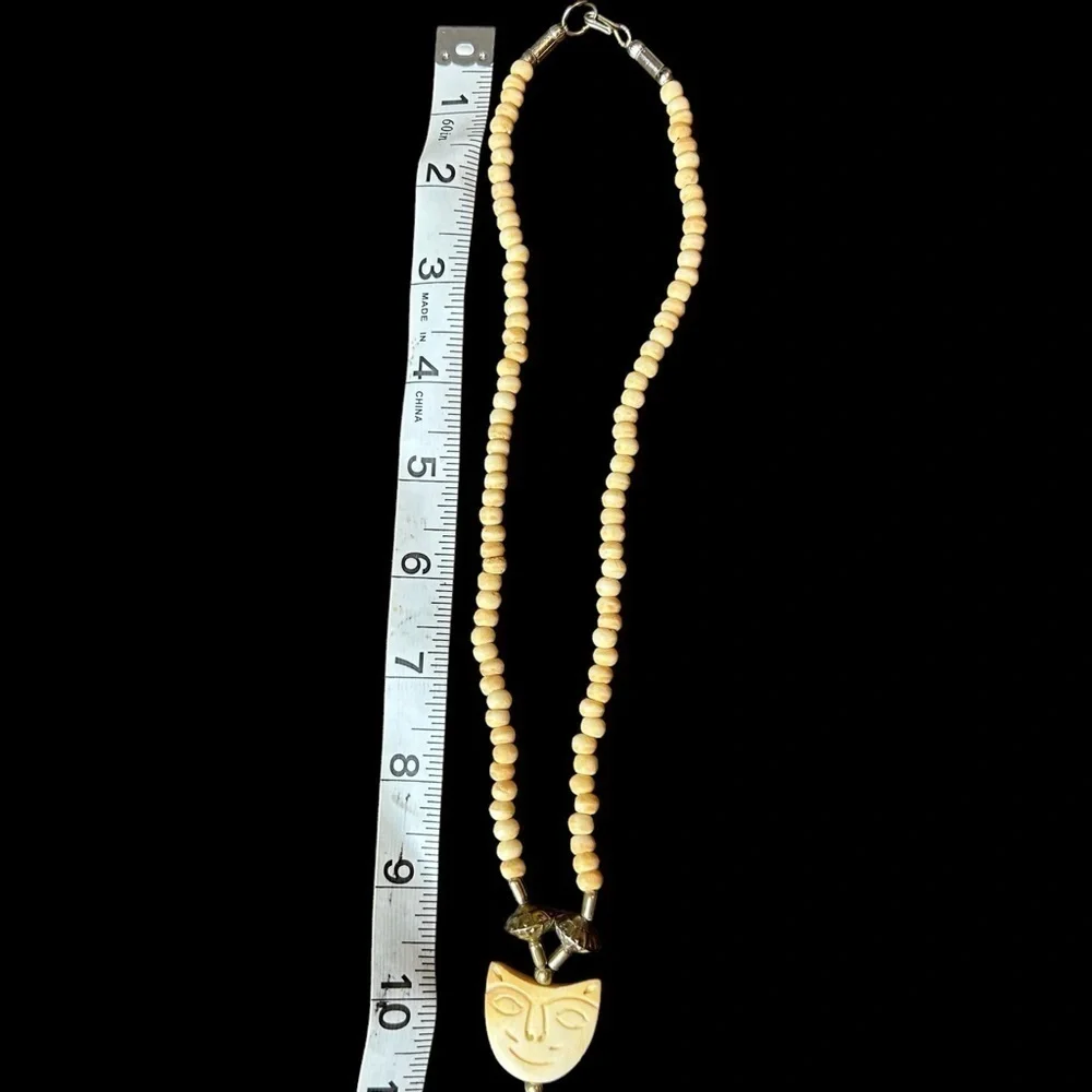 Carved and Beaded Bone Metal Multiple Strand Cat Face Hook and Loop Necklace